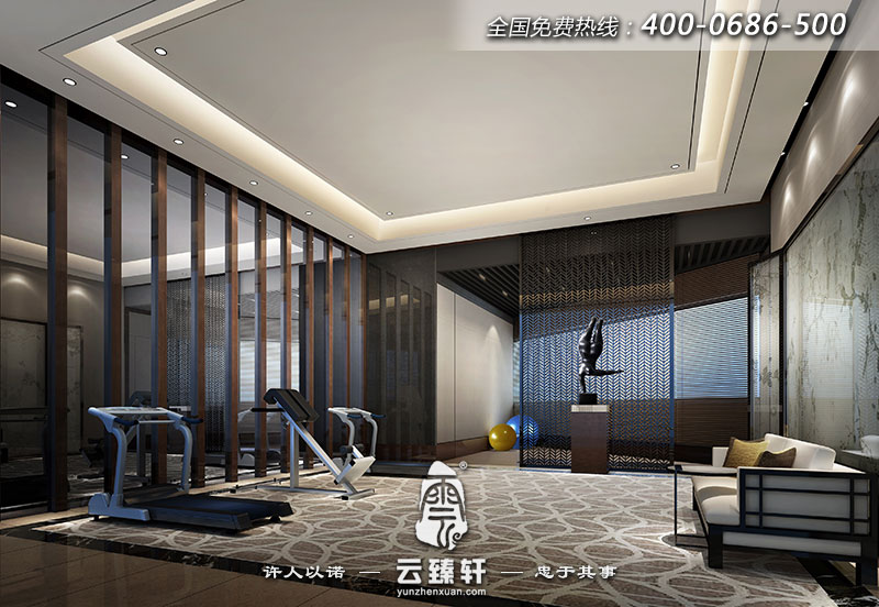 簡(jiǎn)約的中式別墅里健身房的裝修統(tǒng)一風(fēng)格，以簡(jiǎn)約為主