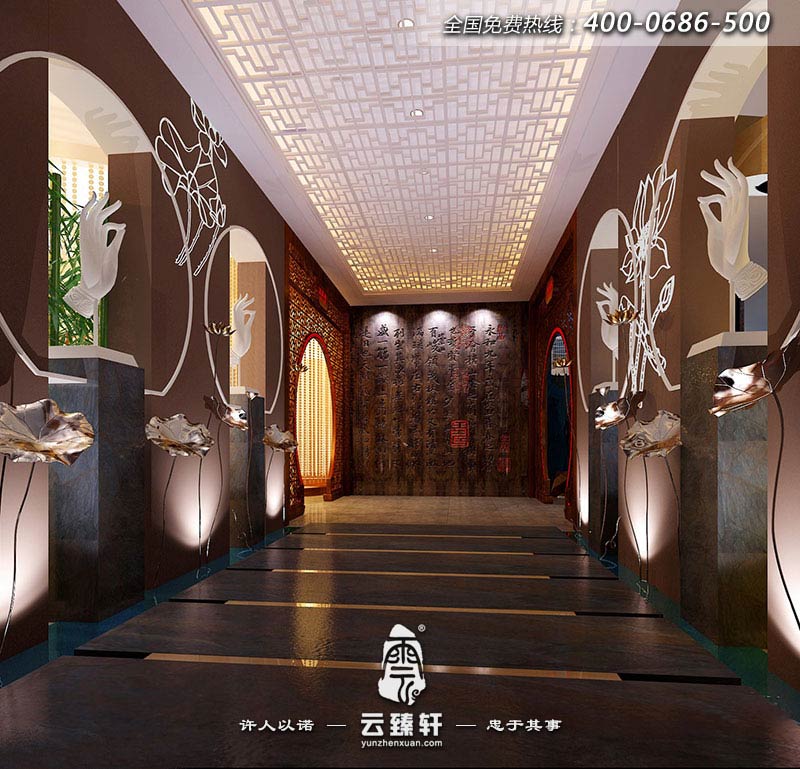 中式養(yǎng)生會(huì)館的一層過道在裝飾細(xì)節(jié)上崇尚自然
