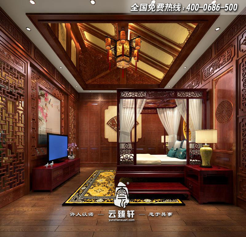 四合院中式會(huì)所主臥室設(shè)計(jì)效果圖